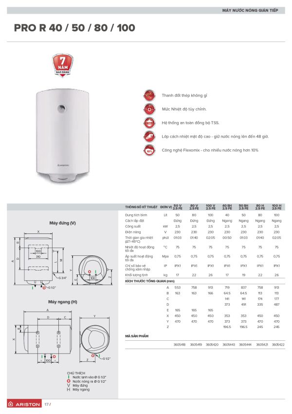 Bình nước nóng Ariston Pro R ngang - Hình ảnh 2