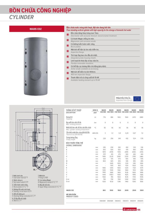 Bồn bảo ôn nước nóng ARISTON MAXIS CDZ - Hình ảnh 2