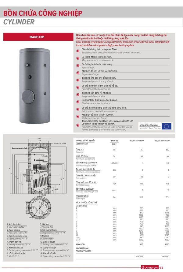 Bồn bảo ôn nước nóng ARISTON MAXIS CD1 - Hình ảnh 2