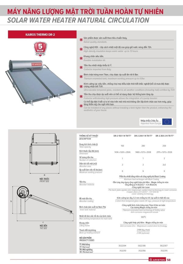 Máy nước nóng năng lượng mặt trời Ariston KAIROS THERMO DR2 - Hình ảnh 2